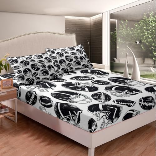 Feelyou Boys Rugby Printed Bedding Set for Kids Children Sports Theme Fitted Sheet Decorative American Football Pattern Bed Sheet Set Black White Design Bed Cover Full Size 3Pcs
