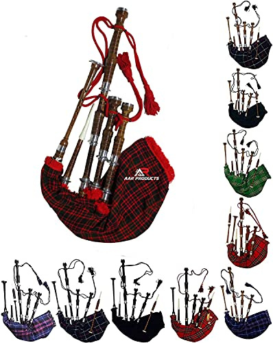 AAR Scottish Full Size Bagpipe Sheesham wood Black Red or Natural Finish with Silver or Ivory Plastic Mounts Free Tutor Book, Carrying Bag, Drone, Reeds (Brown, MacDonled)