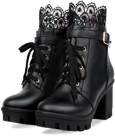 BEAUPAS Womens Gothic Boots Black Platform Combat Boots Chunky Boots for Women High Heel Lace Up Ankle Boots Round Toe Heeled Booties(Black,5.5)