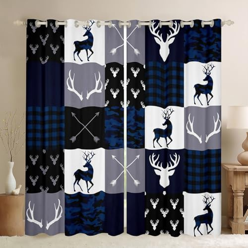 Camo Deer Antlers Blackout Curtains,Geometric Plaid Patchwork Window Drapes for Kids Teens Girls Boys,Boho Arrow Xmas Blue Grey Window Treatments Grommet Top 2 Panel Set Bedroom Curtains,42Wx63L inch
