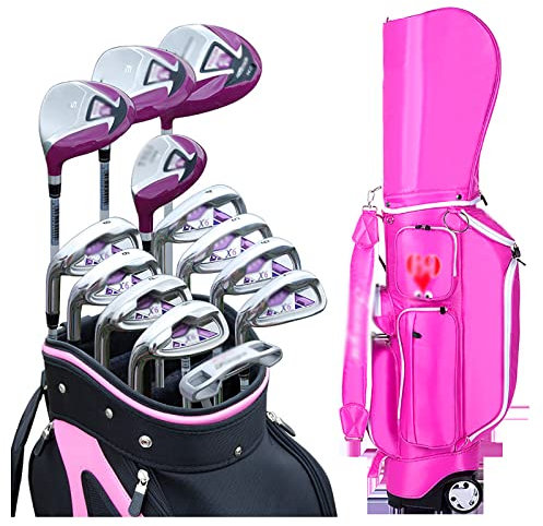 Damen-Golfschläger-Set für Linkshänder, komplette Golfschläger für Damen, Schaft aus Graphit-Kohlenstoffstahl mit Laufradtasche (13-teilig)