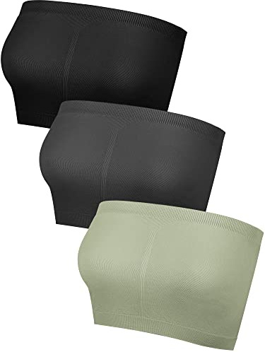 Geyoga 3 Sujetadores sin Tirantes Bandeau sin Relleno Sostén Top de Tubo Elástico (L, Negro, Gris Oscuro, Verde Oliva)
