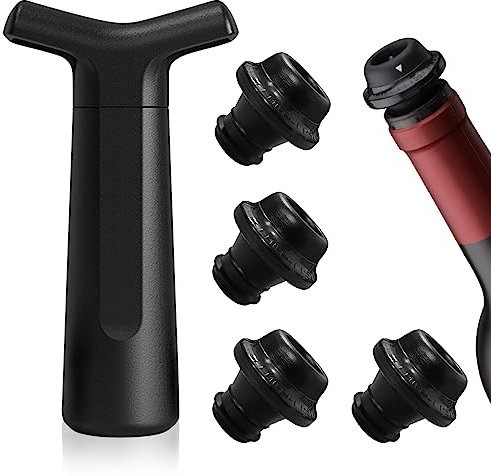 FBBULES Pompa a Vuoto per Vino e 4 Tappo per bottiglie con Datteri, Tappi per Vino Riutilizzabile Silicone, Salva Vino Rosso e Bianco - Nero