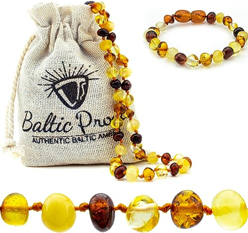 Baltic Proud Amber Necklace and Bracelet Gift Set (Unisex Mix Polished 12.5 Inches/5.5 Inches) - Certified Premium Quality Raw Baltic Sea Amber