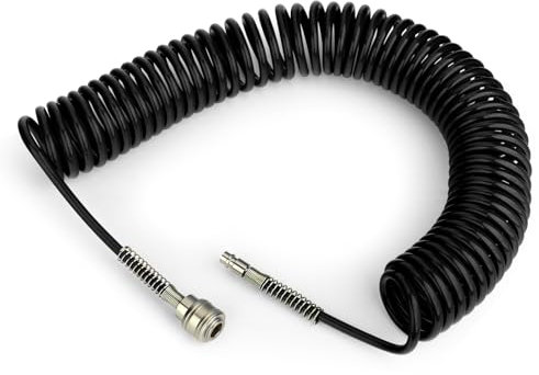 TAILONZ PNEUMATIC Noir 10M tuyau spiralé en PU avec un diamètre extérieur de 8mm, (avec raccord rapide et embout, matériau du tuyau en PU)