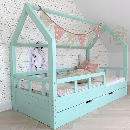 Skandi Hausbett 120x200 Minze - Bell - Kinderbett mit Bettkasten - Rausfallschutz Bett Holz für Kinderzimmer - Kinderbett Mädchen und Jungen