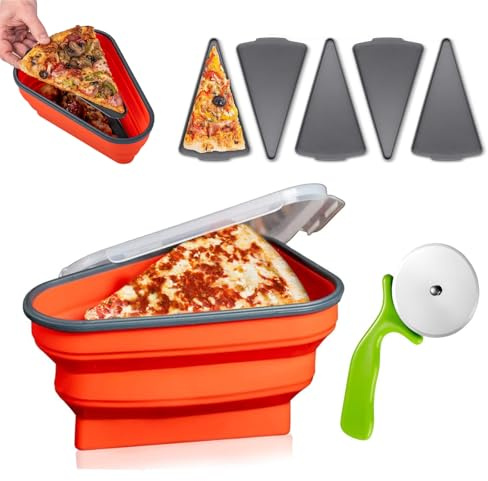 Collapsible Pizza Storage Container - Reusable Silicone Box with Cutter Wheel & 5 Microwavable Trays, Leftover Food Holder, Tortilla Wrap Storage, BPA-free Saver (Red)
