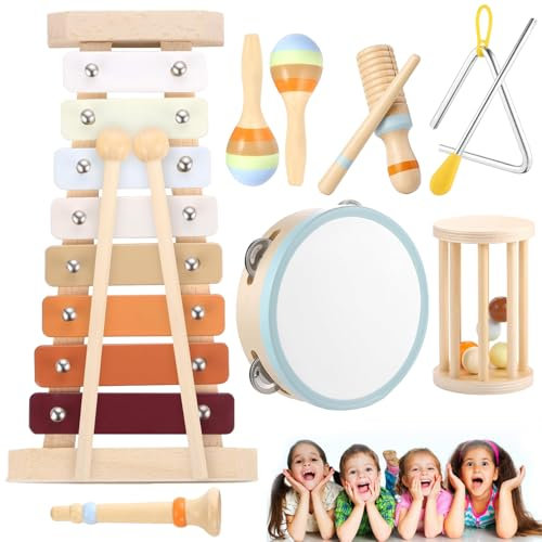 Yesmoyhe Holz Musikspielzeug Trommel, 7 Stück Musikinstrumente Kinder Set, Percussion Set, Baby Klanghölzer, Tambourin aus Holz, Maracas, Triangel und Egg-Shaker, Baby Montessori Spielzeug ab 3
