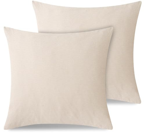 ATsense Kissenbezug 40x40 Baumwolle Gestreift, Beige Leinen Struktur Kopfkissenbezug 2er, 100% Gewaschene Baumwolle ÖKO-TEX Kissenbezüge für Allergiker Geeignet