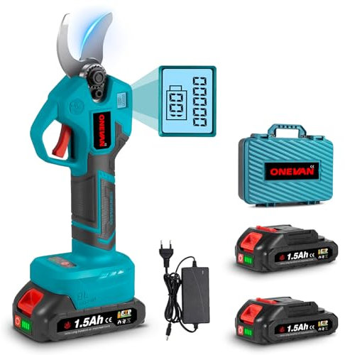 ONEVAN Tijeras de podar con batería de 30 mm de diámetro, 4 marchas, tijeras de podar eléctricas sin escobillas con 2 baterías de 1500 mAh, pantalla LCD y cuchillas SK5, tijeras de podar con batería