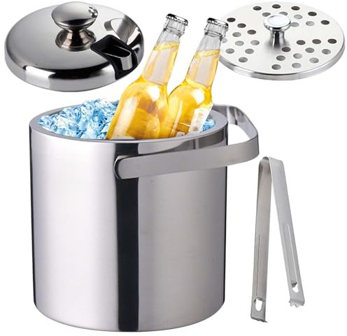 2.2L Eiswürfelbehälter: Eiswürfelbehälter mit Deckel, Eiseimer Edelstahl mit Eiszange, Doppelwandiger Isolierter Eiswürfelbehälter, Eiskübel zum Kühlen von Bier Champagner Wein, Eiskühler für Party