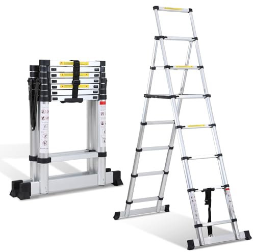 Ollewiellan Teleskopstege 2,0 m + 2,3 m (6 + 7 steg), utdragbar stege fällbar stege, aluminiummultifunktionsstege A-ram för takreparationer, hopvikt storlek 65 cm, 150 kg lastkapacitet