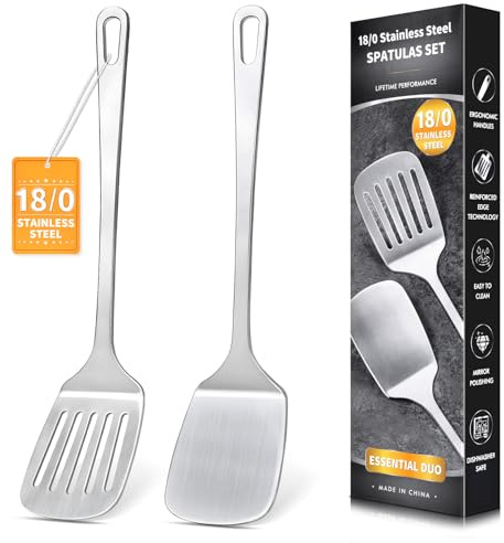 2 Pcs Stainless Steel Spatulas Set, Metal Spatula Solid & Slotted Turner, Heavy Duty Sturdy Spatula for Kitchen Use, High Heat Resistant Cooking Utensils for Fish Eggs Pancakes, Easy to Clean, Silver