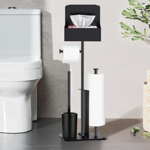 Toilettenpapierhalter Stehend mit WC Bürste - Edelstahl Schwarz Garnitur mit Klopapierhalter und Klobürste, Ohne Bohren, Toilettenbürste und Klorollenhalter mit Feuchttücherbox