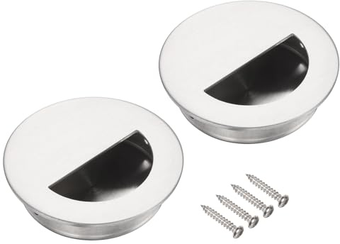 sourcing map 2 tiradores empotrados de acero inoxidable de 50 mm para puerta corrediza semicírculo con tornillos, diseño redondo incrustado, manijas de dedo para puertas correderas de granero, cajones