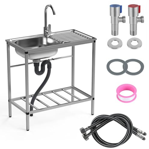 Stainless Steel Utility Sink Set, Freestanding Single Bowl Kitchen Sink with Hose Hook Up, Hot & Cold Faucet, Storage Shelves for Garage, Restaurant, Kitchen, Laundry Room