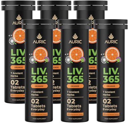 Auric Liver Detox Supplement 120 Tablets Orange Flavour Effervescent Fizzy Water with 10 Ayurvedic Herbs Drop, Dissolve, Fizz, Drink