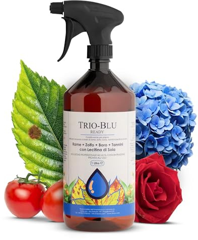 TRIO-BLU® Spray 1L Ossicloruro di Rame + Zolfo + Boro + Tannini + Lecitina | Pronto Uso Efficace per Bolla del Pesco, Ticchiolatura, Oidio, Peronospora e Ruggine | Verderame per Piante