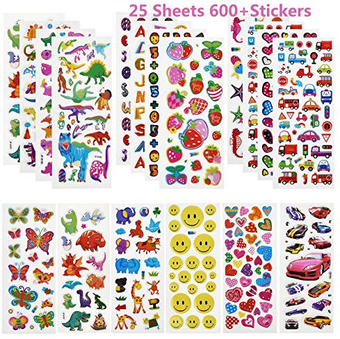 Linkbro 3D Aufkleber Set für Kinder, 25 Verschiedene Blätter 600+ Geschwollen Stickers mit Dino,Auto, Tier, Obst, Zahlen, Schmetterlinge, Kleinkinder Sticker Mitgebsel Kindergeburtstag