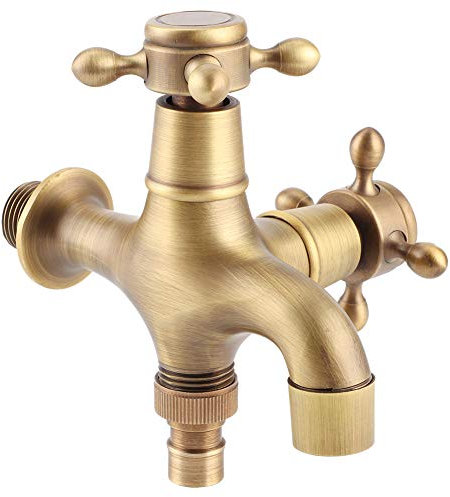 Robinet de Jardin Double Sortie en Laiton Massif Vintage Mural pour Lave-linge et Machine à Laver, Extérieur, Filetage G1/2, Tuyau Simple Froid
