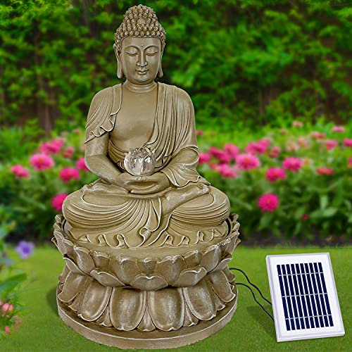 Gartenbrunnen Solarbrunnen Brunnen Buddha-Eternity Vogelbad Wasserfall, Gartendeko mit Pumpe, Wasserspiel für Garten Terrasse, Balkon, Sehr Dekorativ, Led-Licht-Gartenleuchte