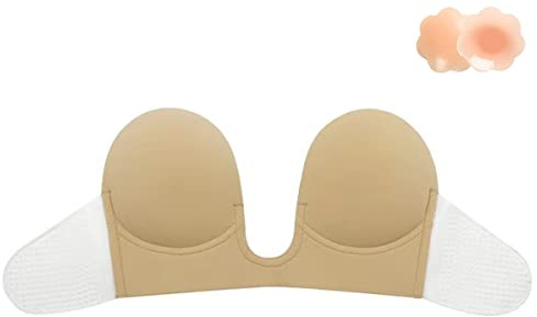 Simoda Självhäftande axelbandslös BH osynlig klibbig BH push-up u-dopp-bh med bröstvårta skydd för kvinnor V-ringad rygglös klänning, BEIgE, D