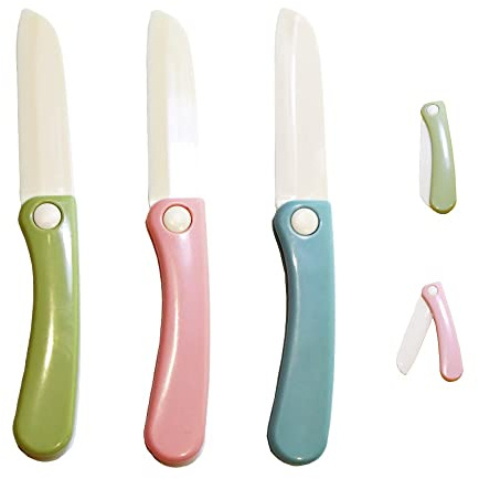 jawbush 7 Foldable Plastic Paring Knives Set for Kids or Adults, Portable and Ideal for Travel Camping Picnic, Safe Nylon Knives for Kids Toddler to Use with Bright Colors, Dishwasher Safe, 3 Pack