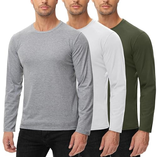 Långärmad tröja för män 100 % bomull 3-pack t-shirt rund hals basic mesh bomull långärmad skjorta långärmad herr