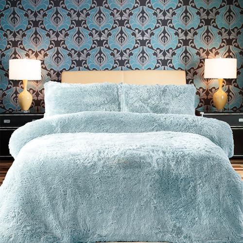 PARADISE STAR Teddy Fleece Duvet Quilt Cover Bedding Set With Matching Pillowcase Fluffy Thermal Warm and Cosy Duck Egg Double 200cm x 200cm Approximate