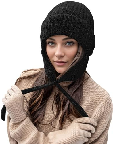 Gefomuofe Warme Gestrickte Beanie Mütze mit Ohrenklappen für Damen Mädchen, Winter Strick Ohrenschützer Hut mit 3 Pompons, Mode Bommel Mütze Ski Snowboard Hüte mit Ohrenwärmer, Geschenk