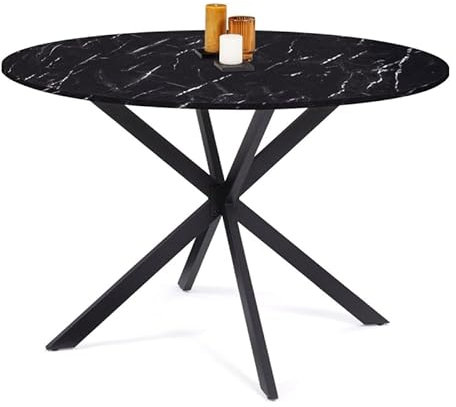 IDMarket - Table à Manger Ronde ALIX 4-6 personnes pied araignée métal Noir et Plateau Effet marbre Noir Alaska 110 cm