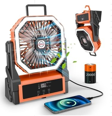 Ambesty Camping Ventilator mit Akku,15000mAh Ventilator mit Camping Licht & Haken,Wiederaufladbarer Tischventilator USB Ventilator,270° Drehung Clip Fan für Outdoor Stromausfall Angeln Hurricane