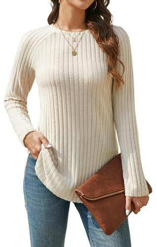 Enmain Jersey Mujer Beige Invierno Largo Cuello Redondo Sueter Mujer Manga Larga Ligero Anchos Otoño Jersey Punto para Leggins 2XL