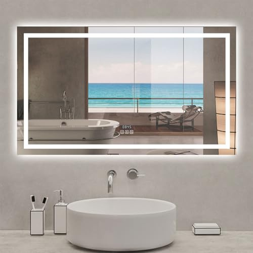 Acezanble Miroir de Salle de Bain LED rectangulaire 120x70cm, avec Bluetooth, Horloge, 3 Couleurs, dimmable, Fonction Anti-buée et Fonction mémoire.
