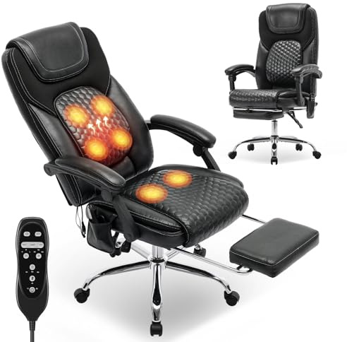 COLAMY Ergonomischer Chefsessel aus Leder mit 6-Punkt-Massage & 3-Stufen-Heizfunktion, höhenverstellbar, verstellbare Rückenlehne, ausziehbare Fußstütze – Büro & Home Office, Schwarz