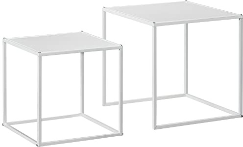 HOMCOM Juego de 2 Mesas Nido, Mesas de Centro para Salón Cuadradas, Material de Acero, para Dormitorio y Oficina, Grande 40 cm, Pequeña 35 cm, Blanco