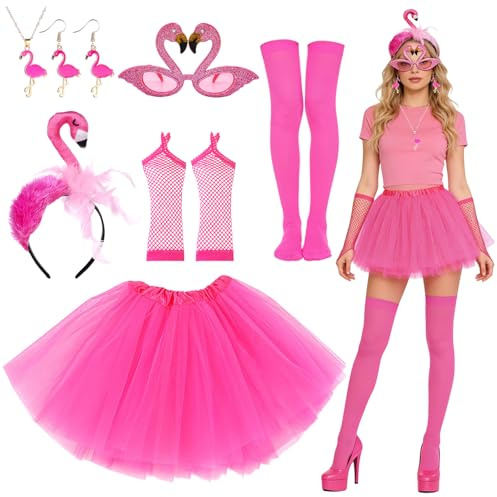 HTTDSLF Disfraz Flamenco Mujer, Disfraz Mujer Carnaval, con diadema de flamenco, falda de tul, guante, gafas de sol, calcetines hasta la rodilla, pendientes, collar, isfraz para fiesta de carnaval