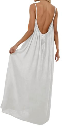 Vestidos de tirantes sin espalda para mujer 2026, vestidos de playa bohemios veraniegos con espalda abierta, elegantes vestidos casuales de línea A con escote profundo y lazos en la espalda, C-blanco