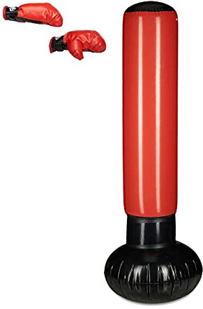 Relaxdays Standboxsack Anti-Frust, freistehender Boxsack zum Aufblasen, Boxstand für Kinder, 160 cm hoch, schwarz/rot