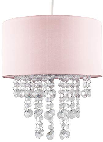 MiniSun | Modern Pink Ceiling Light Shade with Clear Acrylic Jewel Effect Droplets | Pendant Lights, Home Décor & Improvement Essential | Includes 10W GLS Bulb [3000K Warm White] | 32cm Shade Width