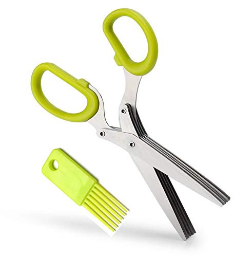 Ototon - Tijeras para Hierbas con 5 Cuchillas de Acero Inoxidable, Tijeras de Cocina con Peine de Limpieza para Finas Hierbas aromáticas