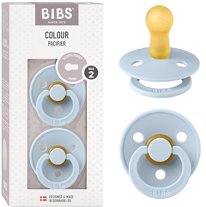 BIBS Colour Soother 2-Pack, BPA Free Dummy Pacifier, Round Nipple. Natural Rubber Latex, Made in Denmark, Size 2 (6-18 Months), Baby Blue