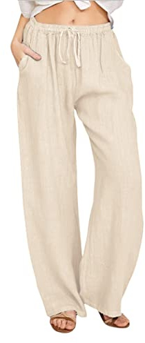 CHARTOU Women's Summer Drawstring Waist Wide Leg Loose Cotton Linen Palazzo Pants (X-Large, Khaki)