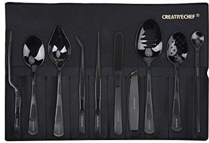 CREATIVECHEF 10 PCS Plating Tools Culinary Set Contains Kitchen Tweezers Spatula Sauce Plating Spoon（Black）