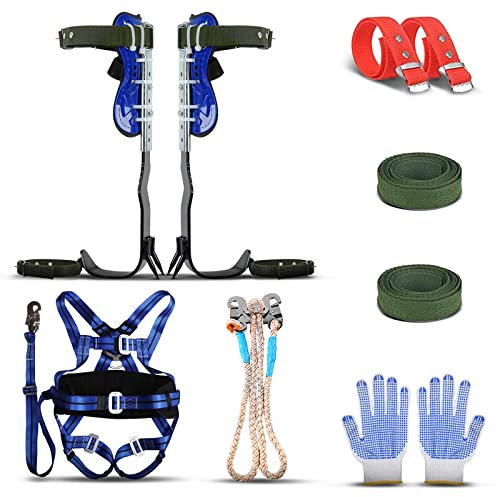 Aomdom Steigeisen Baumklettern Ausrüstung Set,Tree Climbing Spike Höhen Verstellbar und 5-Punkt-Sicherheitsgurten,Professioneller Baumkletterwerkzeug Klettergurt Sicherheitsgurt Fallschutz(Blau)