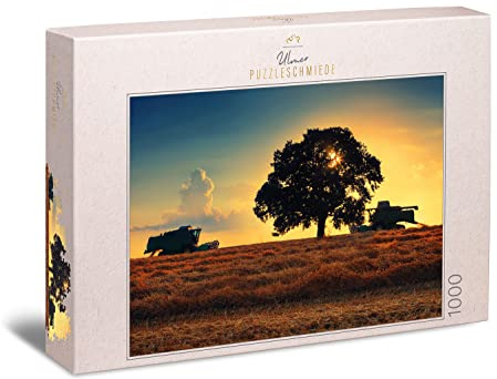 Ulmer Puzzleschmiede - Puzzle „Erntezeit“ - Klassisches 1000 Teile Puzzle mit Landwirtschaft-Motiv – Mähdrescher Arbeiten auf dem Getreidefeld in der Abendsonne - Puzzle-Qualität Made in Germany