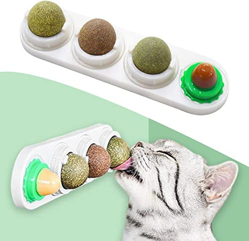 HUTVD Katzenminze Spielzeug, 4 Stück Katzenminze Bälls Spielzeug für Katzen Lecken, Drehbare Katzenminze Wandroller für Zahnreinigung Dental und Darmgesundheit