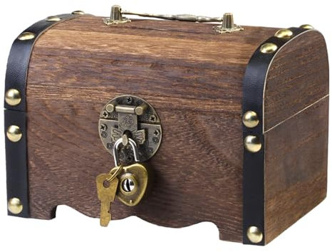 POFIBO Scrigno del tesoro in legno vintage, Piccolo scrigno del tesoro con serratura, Scatola Portaoggetti Baule Vintage per compleanno per bambini, Caccia al tesoro, Decorazione