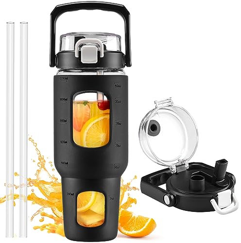HYDRAGLAZIC 1200ml Glass Water Bottle mit Strohhalm und Deckel, Glasbecher mit Zeit- und Wassermarkierung, Eiskaffeebecher mit Silikonhülle, Reise-Kaffeebecher Passt in Autohalterung Schwarz