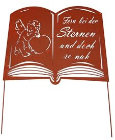 UNUS Grabstecker Buch Fern bei den Sternen Trauerdekoration Grabschmuck Metall Rost Grabdeko für Gestecke - Grab zum stecken frostbeständig wetterfest